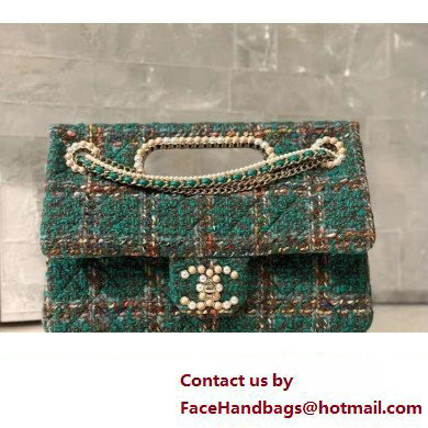 Chanel Wool and Silk Tweed, Glass and Wooden Pearls  &  Gold-Tone Metal Large Flap Bag with Top Handle AS4221 2023